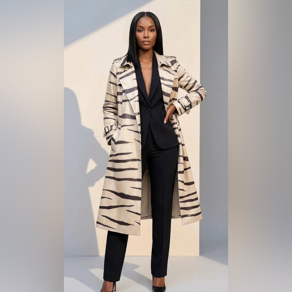 Elegant Zebra Print Belted Lapel Trench - Picture 4 of 11